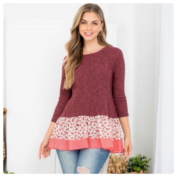 BURGUNDY KNIT AND PRINT RUFFLE TOP - Picture 6 of 9